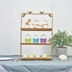 3-Tier Rectangular Gold/Wood Slice Riser, Cheese Board Display Tower, Rustic Centerpiece - Assembly Tools Included 19" -Home Decor Promotional Store CAKE WOD005 L GOLD D02