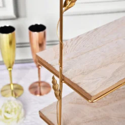 3-Tier Rectangular Gold/Wood Slice Riser, Cheese Board Display Tower, Rustic Centerpiece - Assembly Tools Included 19" -Home Decor Promotional Store CAKE WOD005 L GOLD D02 2