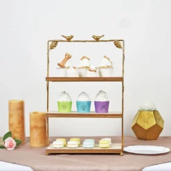 3-Tier Rectangular Gold/Wood Slice Riser, Cheese Board Display Tower, Rustic Centerpiece - Assembly Tools Included 19" -Home Decor Promotional Store CAKE WOD005 L GOLD D04