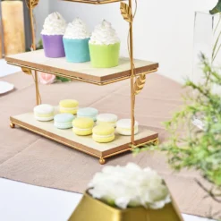 3-Tier Rectangular Gold/Wood Slice Riser, Cheese Board Display Tower, Rustic Centerpiece - Assembly Tools Included 19" -Home Decor Promotional Store CAKE WOD005 L GOLD D06