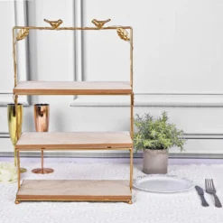 3-Tier Rectangular Gold/Wood Slice Riser, Cheese Board Display Tower, Rustic Centerpiece - Assembly Tools Included 19" -Home Decor Promotional Store CAKE WOD005 L GOLD 01 2