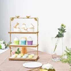 3-Tier Rectangular Gold/Wood Slice Riser, Cheese Board Display Tower, Rustic Centerpiece - Assembly Tools Included 19" -Home Decor Promotional Store CAKE WOD005 L GOLD 02