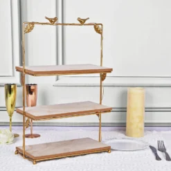 3-Tier Rectangular Gold/Wood Slice Riser, Cheese Board Display Tower, Rustic Centerpiece - Assembly Tools Included 19" -Home Decor Promotional Store CAKE WOD005 L GOLD 02 2