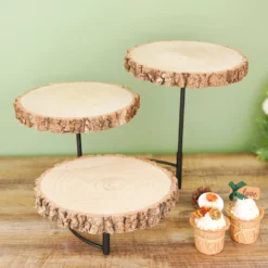 12" Tall | 3-Tier Wood Slice Pedestal Riser, Rustic Half Moon Cheese Board Display Stand