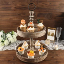 Rustic 2-Tier Wooden Riser Serving Tray, Farmhouse Dessert Display Stand 20"