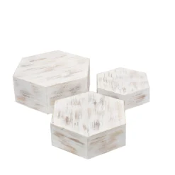 Set Of 3 | Whitewashed Hexagonal Wooden Display Risers, Stackable Dessert Stand Boxes - 9", 11", 13" -Home Decor Promotional Store CAKE WOD009 SET WHT 99