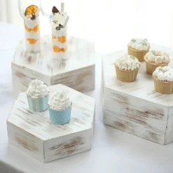 Set Of 3 | Whitewashed Hexagonal Wooden Display Risers, Stackable Dessert Stand Boxes - 9", 11", 13" -Home Decor Promotional Store CAKE WOD009 SET WHT D06