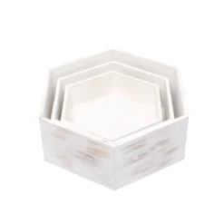 Set Of 3 | Whitewashed Hexagonal Wooden Display Risers, Stackable Dessert Stand Boxes - 9", 11", 13" -Home Decor Promotional Store CAKE WOD009 SET WHT D10