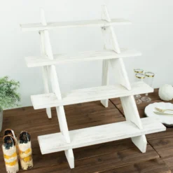 Rustic Whitewashed 4-Tier Wooden Ladder Shelf Riser, Cascading Stair Step Dessert Holder Display Stand 21" -Home Decor Promotional Store CAKE WOD011 20 WHT D01