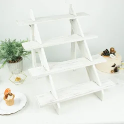 Rustic Whitewashed 4-Tier Wooden Ladder Shelf Riser, Cascading Stair Step Dessert Holder Display Stand 21" -Home Decor Promotional Store CAKE WOD011 20 WHT D05