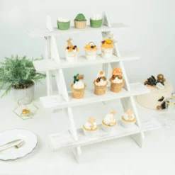 Rustic Whitewashed 4-Tier Wooden Ladder Shelf Riser, Cascading Stair Step Dessert Holder Display Stand 21"