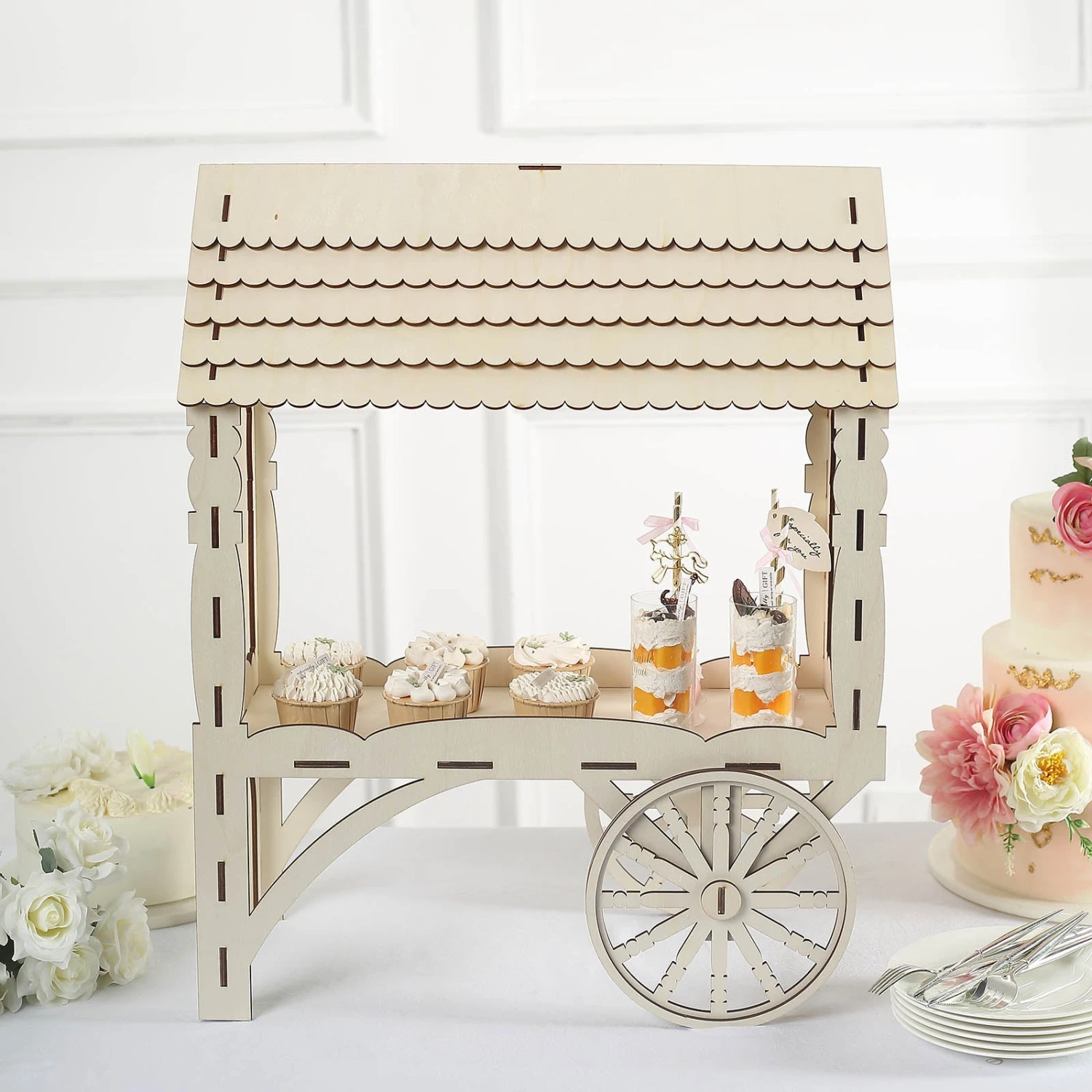 Mini Natural Wooden Tabletop Dessert Display Sweet Stall, Candy Cart Stand 25" 1 Mini Natural Wooden Tabletop Dessert Display Sweet Stall, Candy Cart Stand 25"