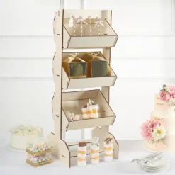 Natural Wooden 3-Tier Basket Floor Standing Display Rack, Rustic Tabletop Dessert Holder Shelf Stand 33"