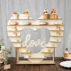 Heart Shaped 8-Layer Double Sided Wooden Dessert Display Stand, Natural "Love" Table Shelf Rack 26" -Home Decor Promotional Store CAKE WOD015 NAT D02