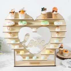 Heart Shaped 8-Layer Double Sided Wooden Dessert Display Stand, Natural "Love" Table Shelf Rack 26" -Home Decor Promotional Store CAKE WOD015 NAT D07
