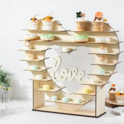 Heart Shaped 8-Layer Double Sided Wooden Dessert Display Stand, Natural "Love" Table Shelf Rack 26"