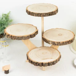 4-Tier Natural Farmhouse Style Wood Slice Pedestal Riser, Rustic Dessert Display Stand 15" Tall -Home Decor Promotional Store CAKE WOD016 10 NAT D02