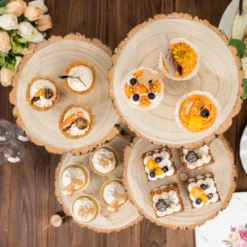 4-Tier Natural Farmhouse Style Wood Slice Pedestal Riser, Rustic Dessert Display Stand 15" Tall -Home Decor Promotional Store CAKE WOD016 10 NAT D11