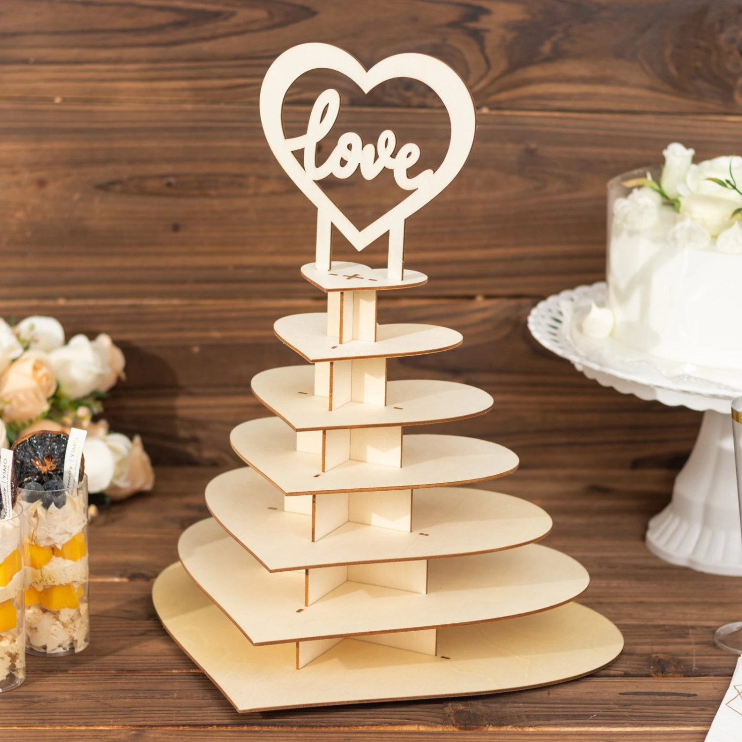7-Tier Natural Wooden Heart Chocolate Display Stand With "Love" Topper, 16" DIY Dessert Table Tower Rack 10 7-Tier Natural Wooden Heart Chocolate Display Stand With "Love" Topper, 16" DIY Dessert Table Tower Rack - Image 10