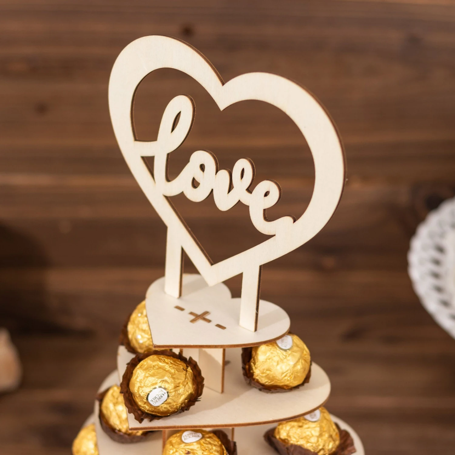 7-Tier Natural Wooden Heart Chocolate Display Stand With "Love" Topper, 16" DIY Dessert Table Tower Rack 13 7-Tier Natural Wooden Heart Chocolate Display Stand With "Love" Topper, 16" DIY Dessert Table Tower Rack - Image 13