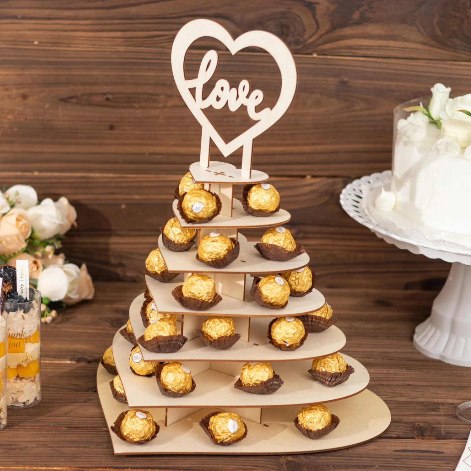 7-Tier Natural Wooden Heart Chocolate Display Stand With "Love" Topper, 16" DIY Dessert Table Tower Rack 2 7-Tier Natural Wooden Heart Chocolate Display Stand With "Love" Topper, 16" DIY Dessert Table Tower Rack - Image 2