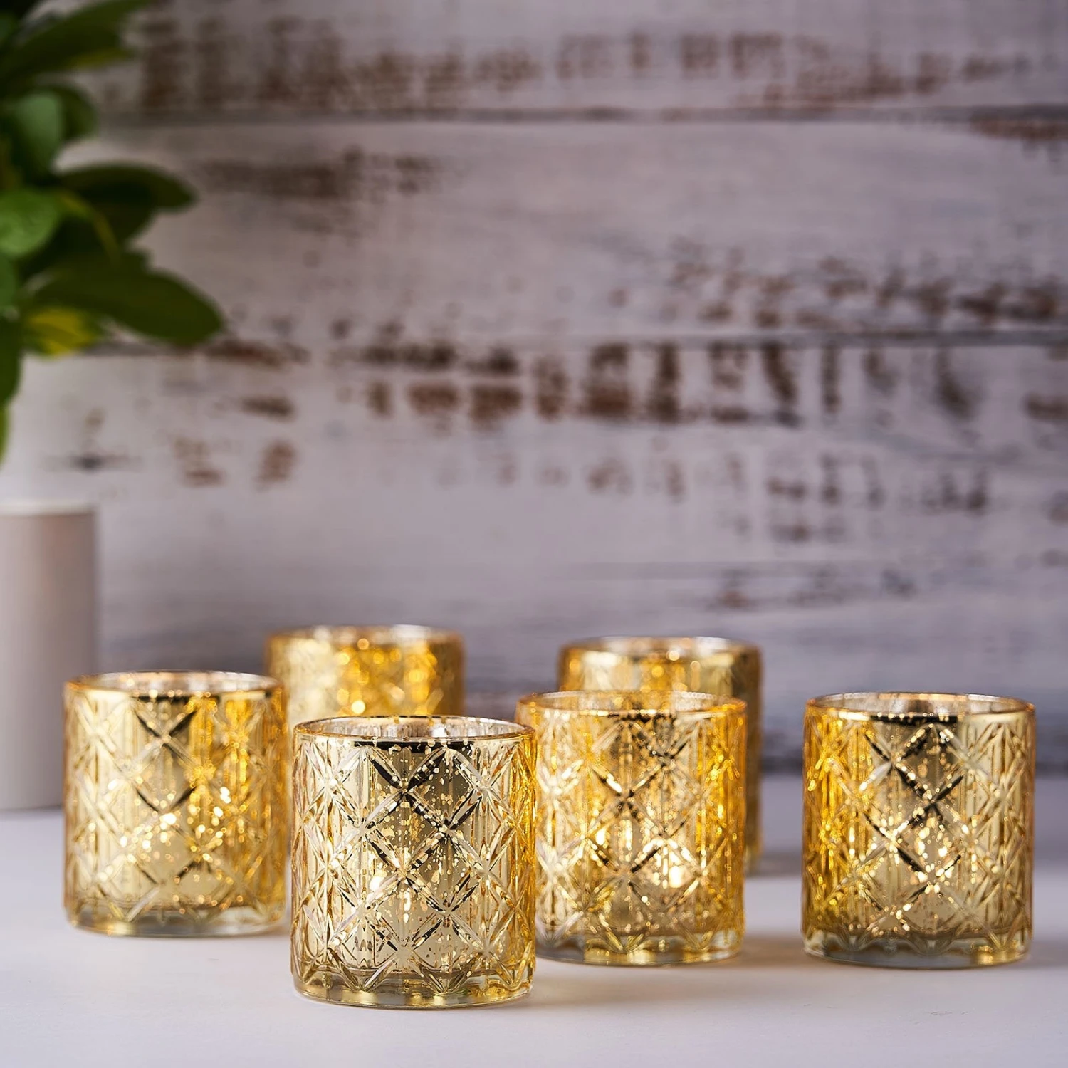 6 Pack Shiny Mercury Glass Candle Holders, Votive Tealight Holders - Geometric Design 3" 7 6 Pack Shiny Mercury Glass Candle Holders, Votive Tealight Holders - Geometric Design 3" - Image 7