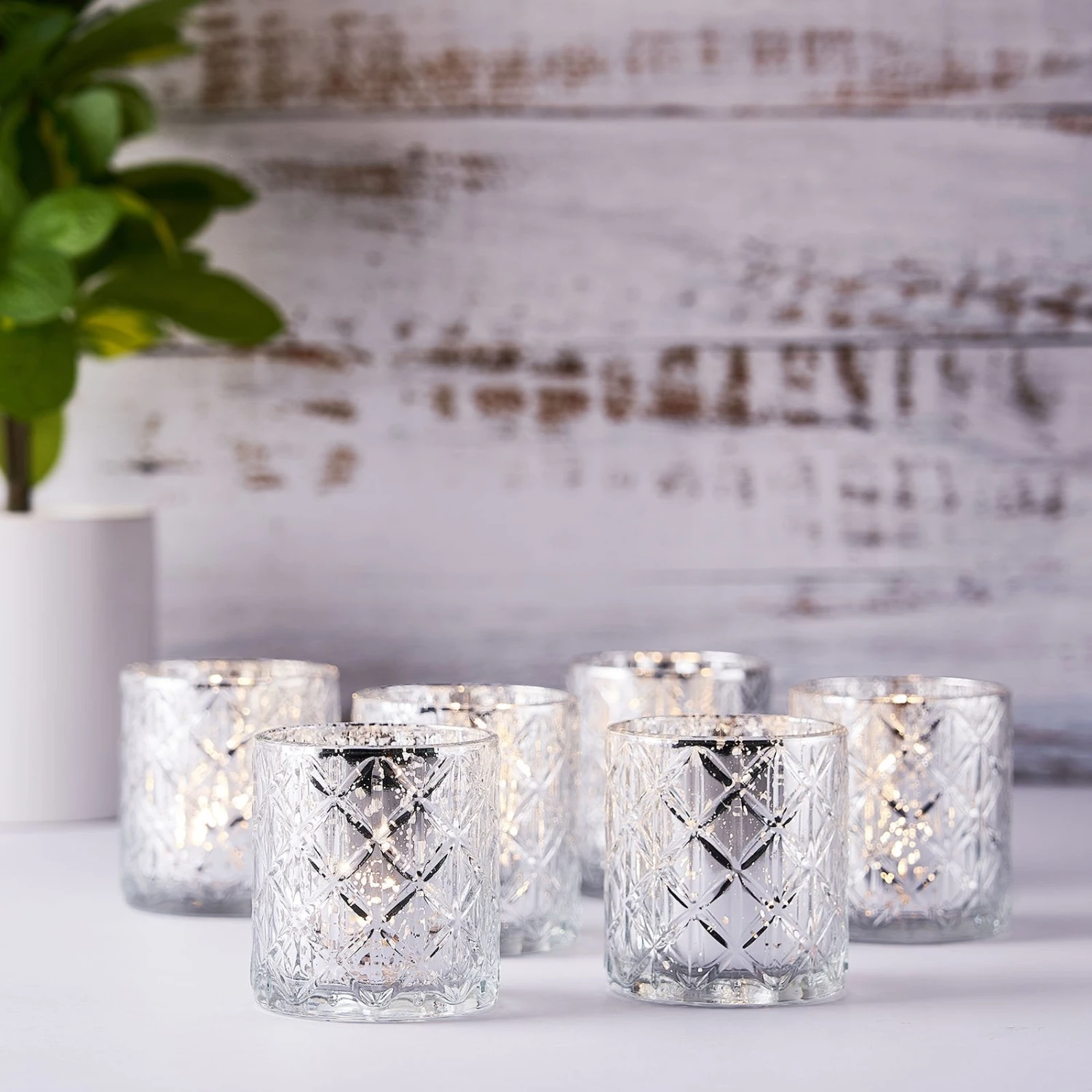 6 Pack Shiny Mercury Glass Candle Holders, Votive Tealight Holders - Geometric Design 3" 15 6 Pack Shiny Mercury Glass Candle Holders, Votive Tealight Holders - Geometric Design 3" - Image 15