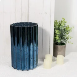 Mercury Glass Hurricane Candle Holder, Cylinder Pillar Vase - Wavy Column Design 9"