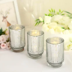 3 Pack Mercury Glass Votive Hurricane Candle Holder, Pillar Vase - Wavy Column Design 5"