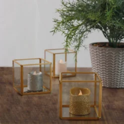 3 Pack Clear Glass Square Tealight Votive Candle Holder Cubes - Stackable With Gold Metal Frame 3"