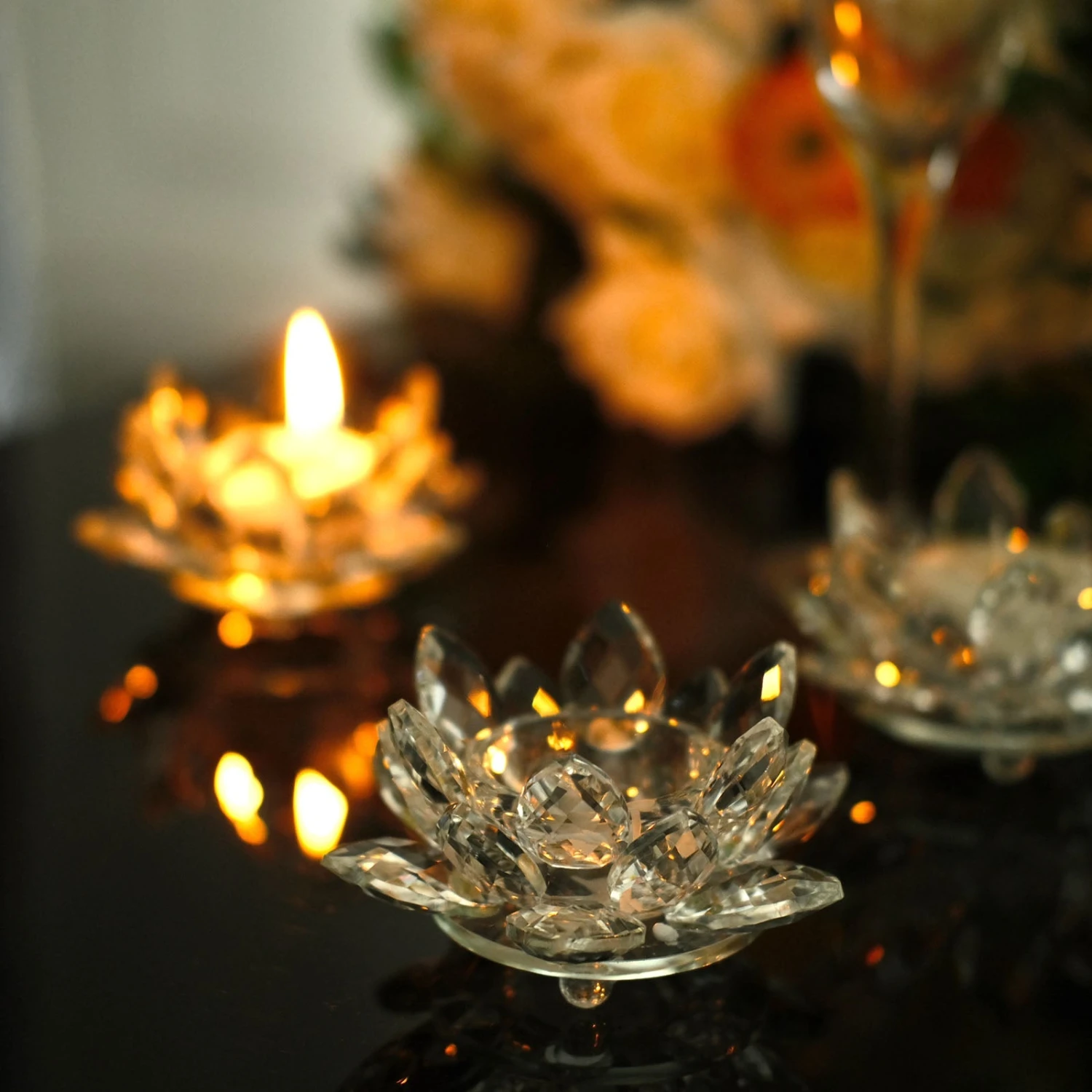 2 Pack Clear Crystal Glass Lotus Flower Votive Candle Holders, Tealight Taper Candle Stands 4.5" 7 2 Pack Clear Crystal Glass Lotus Flower Votive Candle Holders, Tealight Taper Candle Stands 4.5" - Image 7