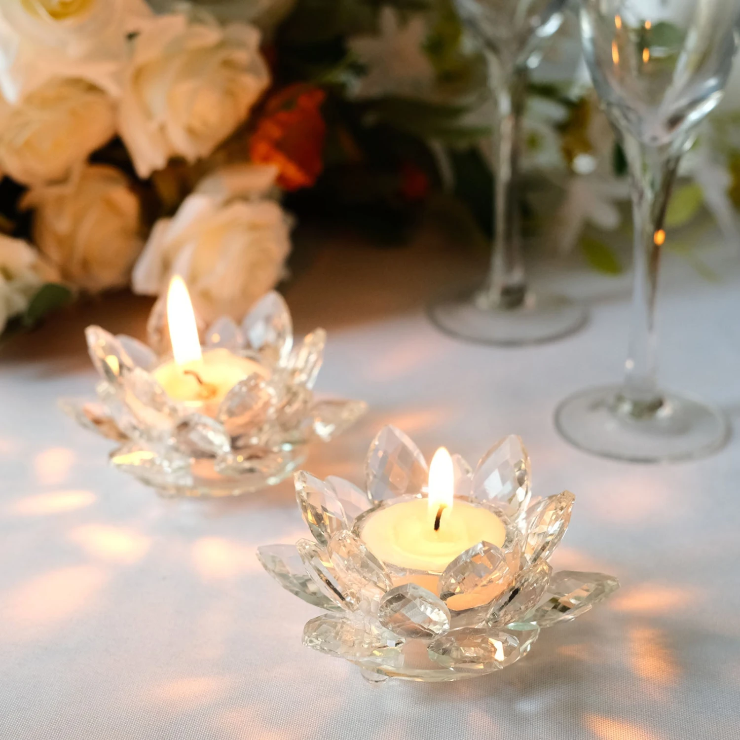 2 Pack Clear Crystal Glass Lotus Flower Votive Candle Holders, Tealight Taper Candle Stands 4.5" 10 2 Pack Clear Crystal Glass Lotus Flower Votive Candle Holders, Tealight Taper Candle Stands 4.5" - Image 10