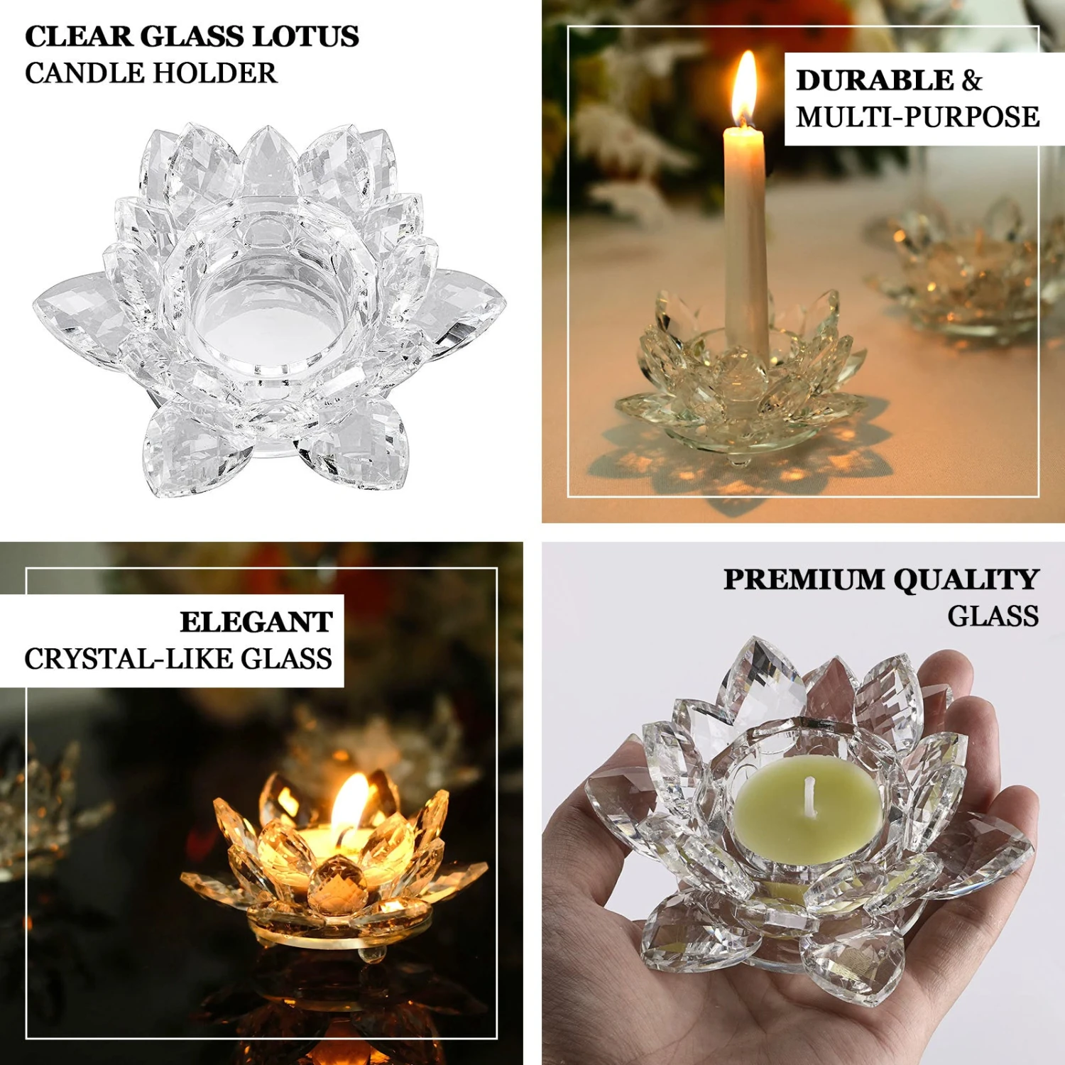 2 Pack Clear Crystal Glass Lotus Flower Votive Candle Holders, Tealight Taper Candle Stands 4.5" 2 2 Pack Clear Crystal Glass Lotus Flower Votive Candle Holders, Tealight Taper Candle Stands 4.5" - Image 2