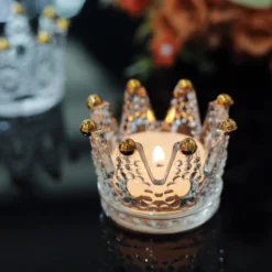 6 Pack Clear Crystal Glass Crown Tea Light Votive Candle Holders With Gold Beaded Tips - 3"x2" -Home Decor Promotional Store CAND HOLD 015 CLRGD D01