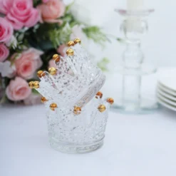 6 Pack Clear Crystal Glass Crown Tea Light Votive Candle Holders With Gold Beaded Tips - 3"x2" -Home Decor Promotional Store CAND HOLD 015 CLRGD D02