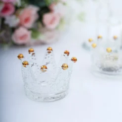 6 Pack Clear Crystal Glass Crown Tea Light Votive Candle Holders With Gold Beaded Tips - 3"x2" -Home Decor Promotional Store CAND HOLD 015 CLRGD D04