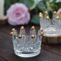 6 Pack Clear Crystal Glass Crown Tea Light Votive Candle Holders With Gold Beaded Tips - 3"x2" -Home Decor Promotional Store CAND HOLD 015 CLRGD D05