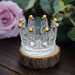 6 Pack Clear Crystal Glass Crown Tea Light Votive Candle Holders With Gold Beaded Tips - 3"x2" -Home Decor Promotional Store CAND HOLD 015 CLRGD D06