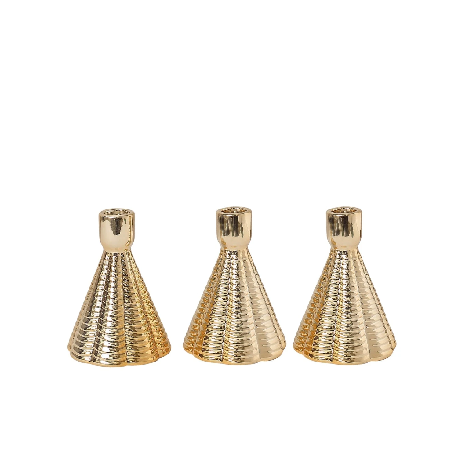 3 Pack Metallic Gold Ribbed Ceramic Taper Candle Holders, Cone Shaped Candlestick Stands 5" 4 3 Pack Metallic Gold Ribbed Ceramic Taper Candle Holders, Cone Shaped Candlestick Stands 5" - Image 4
