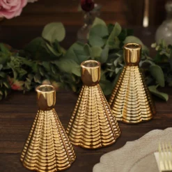 3 Pack Metallic Gold Ribbed Ceramic Taper Candle Holders, Cone Shaped Candlestick Stands 5" 15 3 Pack Metallic Gold Ribbed Ceramic Taper Candle Holders, Cone Shaped Candlestick Stands 5" -Home Decor Promotional Store CAND HOLD TP002 5 GOLD D01 a8cbec6c 4b44 4990 949c 0ad2d1e69881
