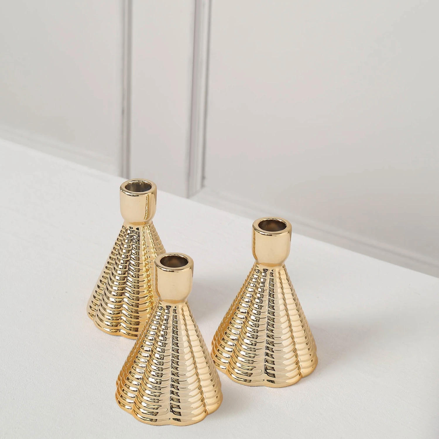 3 Pack Metallic Gold Ribbed Ceramic Taper Candle Holders, Cone Shaped Candlestick Stands 5" 7 3 Pack Metallic Gold Ribbed Ceramic Taper Candle Holders, Cone Shaped Candlestick Stands 5" - Image 7