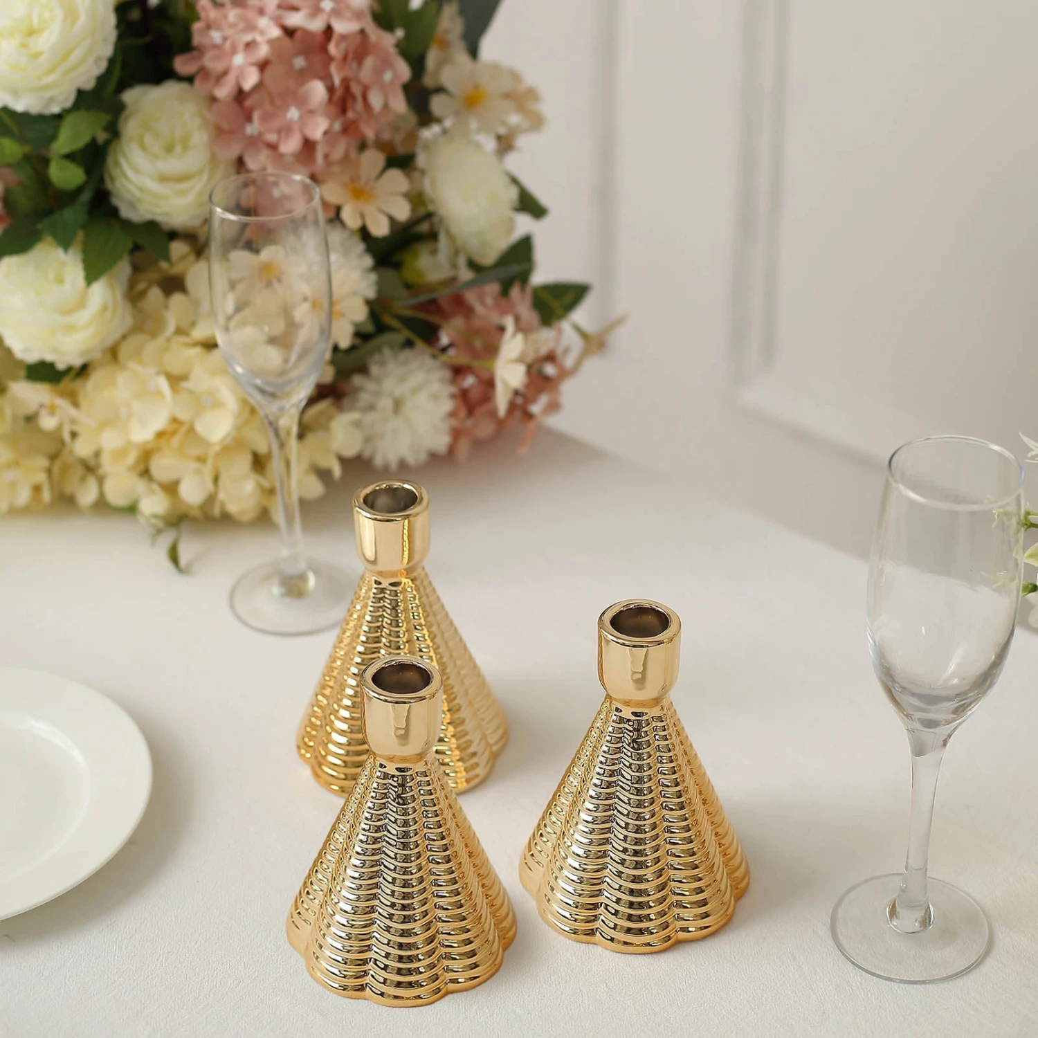 3 Pack Metallic Gold Ribbed Ceramic Taper Candle Holders, Cone Shaped Candlestick Stands 5" 8 3 Pack Metallic Gold Ribbed Ceramic Taper Candle Holders, Cone Shaped Candlestick Stands 5" - Image 8