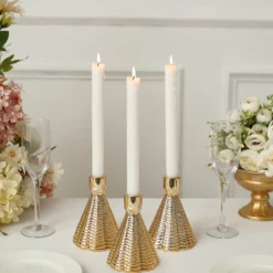3 Pack Metallic Gold Ribbed Ceramic Taper Candle Holders, Cone Shaped Candlestick Stands 5"