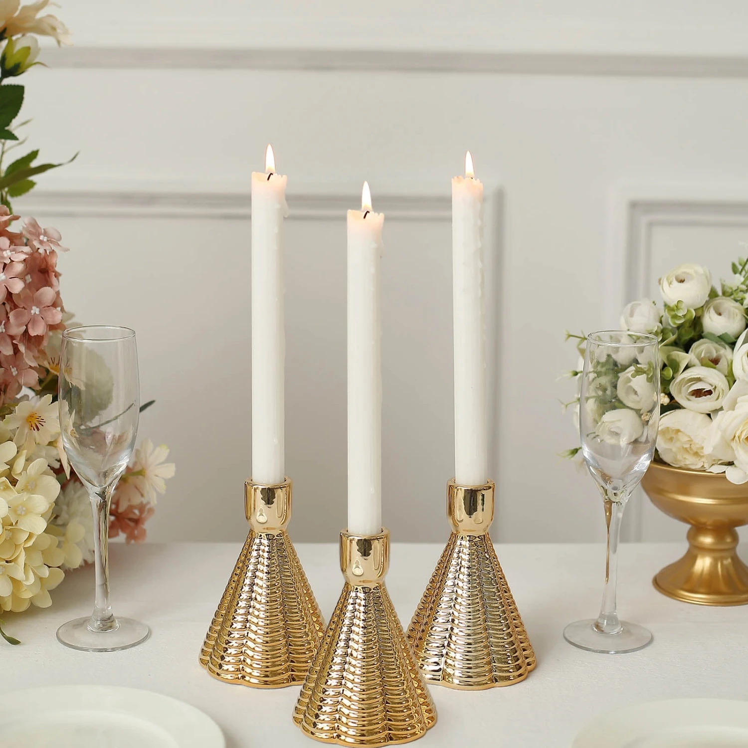 3 Pack Metallic Gold Ribbed Ceramic Taper Candle Holders, Cone Shaped Candlestick Stands 5" 1 3 Pack Metallic Gold Ribbed Ceramic Taper Candle Holders, Cone Shaped Candlestick Stands 5"