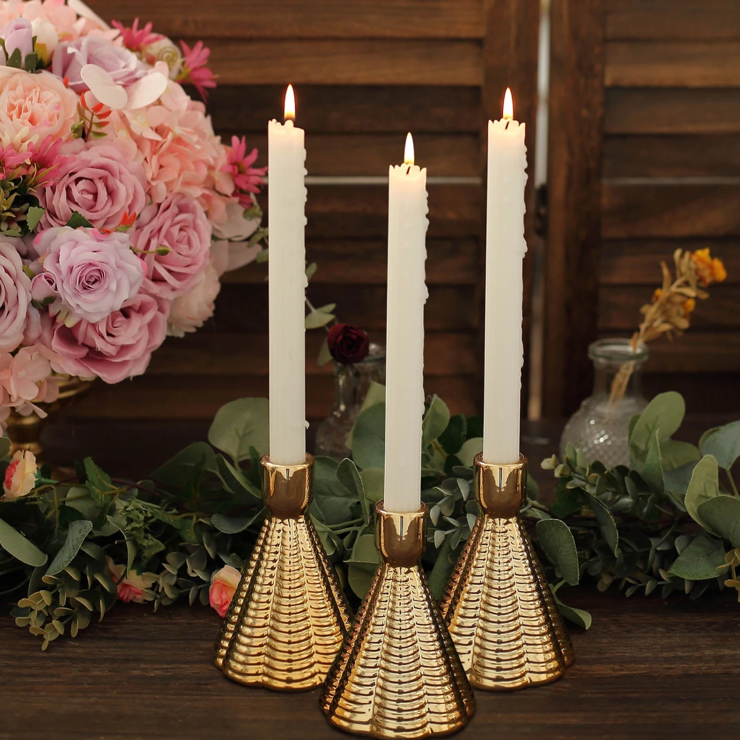 3 Pack Metallic Gold Ribbed Ceramic Taper Candle Holders, Cone Shaped Candlestick Stands 5" 9 3 Pack Metallic Gold Ribbed Ceramic Taper Candle Holders, Cone Shaped Candlestick Stands 5" - Image 9