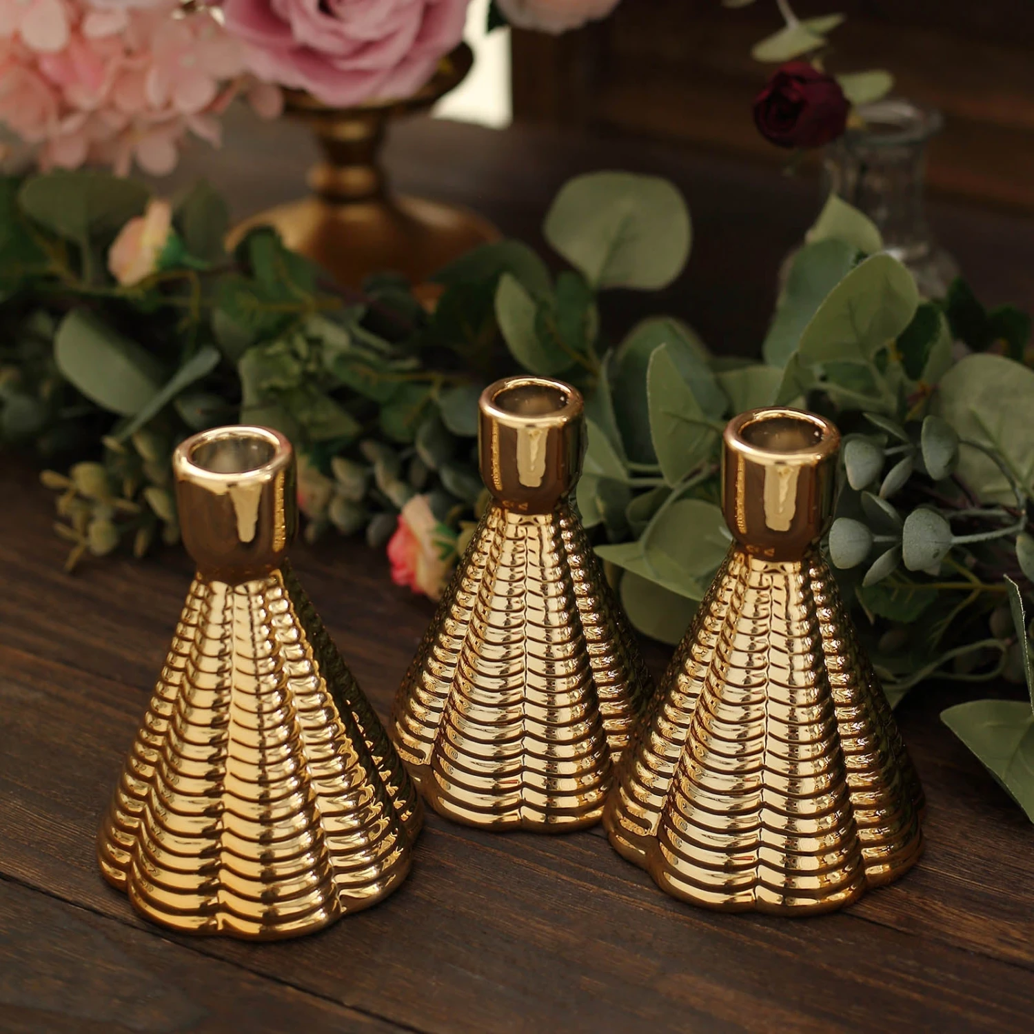 3 Pack Metallic Gold Ribbed Ceramic Taper Candle Holders, Cone Shaped Candlestick Stands 5" 12 3 Pack Metallic Gold Ribbed Ceramic Taper Candle Holders, Cone Shaped Candlestick Stands 5" - Image 12