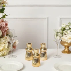 3 Pack Metallic Gold Fluted Ball Neck Ceramic Taper Candle Holders, Ribbed Candlestick Stands 5" -Home Decor Promotional Store CAND HOLD TP003 5 GOLD D02 f7c58798 c687 4376 bcc2 68743db02241