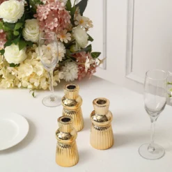 3 Pack Metallic Gold Fluted Ball Neck Ceramic Taper Candle Holders, Ribbed Candlestick Stands 5" -Home Decor Promotional Store CAND HOLD TP003 5 GOLD D04 68c0e714 ff68 48c7 b8e4 63a4b7e84c2a