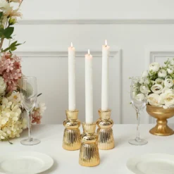 3 Pack Metallic Gold Fluted Ball Neck Ceramic Taper Candle Holders, Ribbed Candlestick Stands 5" -Home Decor Promotional Store CAND HOLD TP003 5 GOLD D05 82da4ada 349b 415f b320 c6c4e1cefe1a