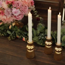 3 Pack Metallic Gold Fluted Ball Neck Ceramic Taper Candle Holders, Ribbed Candlestick Stands 5" -Home Decor Promotional Store CAND HOLD TP003 5 GOLD 01 f81cd791 f233 401c bf4d 2135bd5726e5